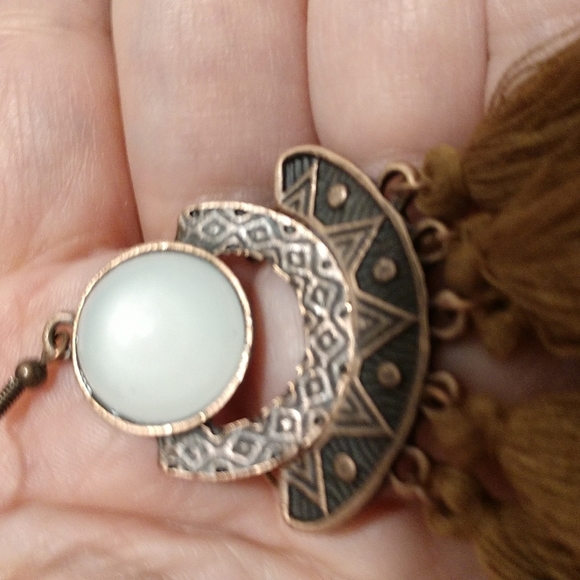 Moonstone Bronze Brown Tassel 3.5" Fishhook Earring Aztec Lightweight - Picture 5 of 5